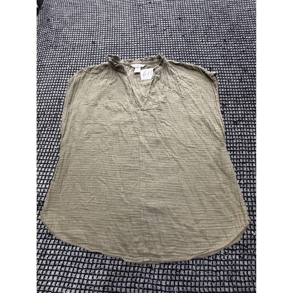 H&M Gauze Blouse Womens Medium Olive Green Ruffle V-Neck Sleeveless